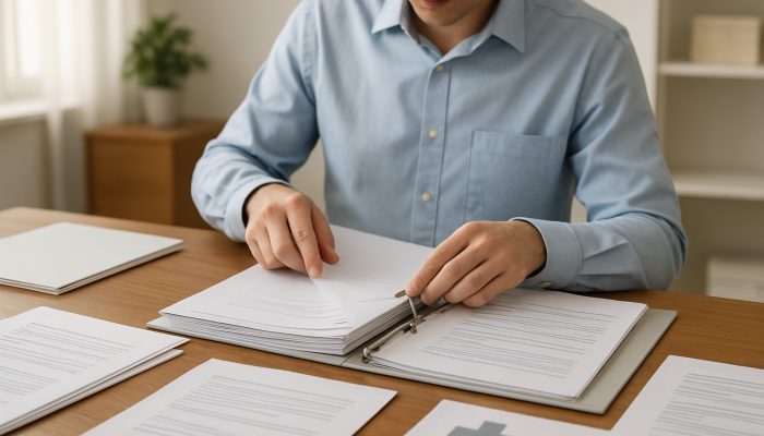 talking to lenders about health issues: Essential Advice | DCL Person arranging medical records chronologically into summary binder on wooden desk