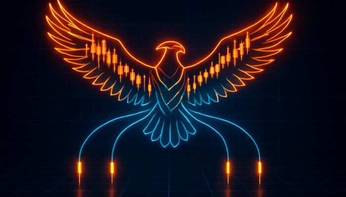 Surreal iron condor options strategy formed from glowing candlestick charts above dark trading grid