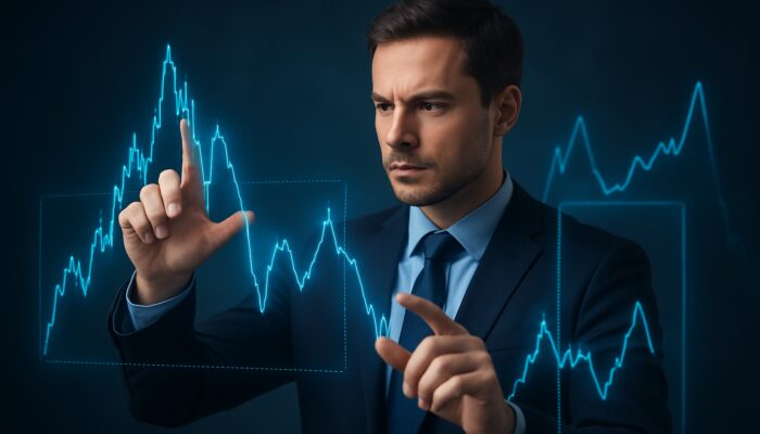 Trader adjusting holographic iron condor charts, widening strikes amid volatile price waves for risk management.
