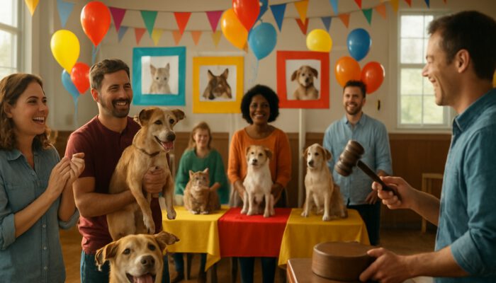 Vibrant pet rescue fundraiser with joyful dogs, cats, and donors at adoption booths.