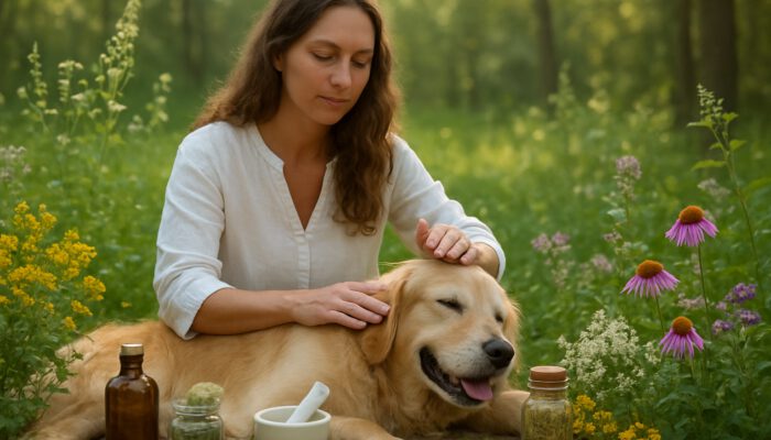 Holistic vet using herbal remedies and Reiki on relaxed golden retriever in forest clearing