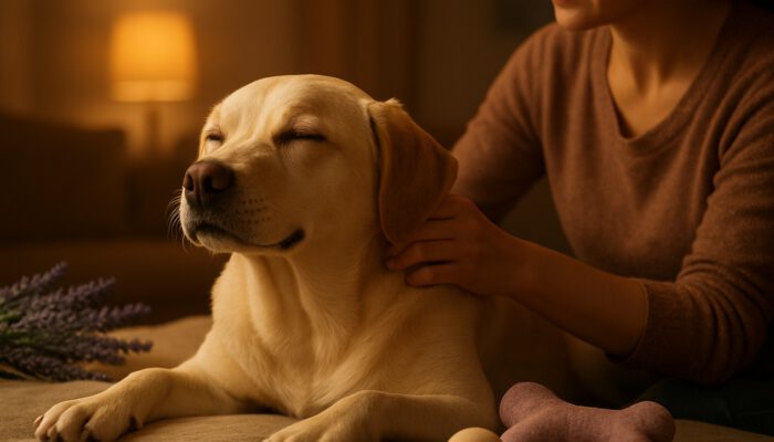 Relaxed dog receiving gentle massage from owner amid lavender scents and toys in warm light.