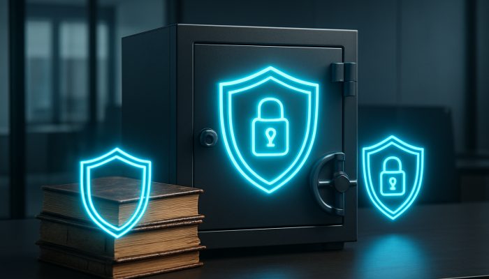 recording agreements about old debts: Key Legal Guidance | DCL Digital vault with glowing GDPR shields securing ancient debt ledgers in sleek office