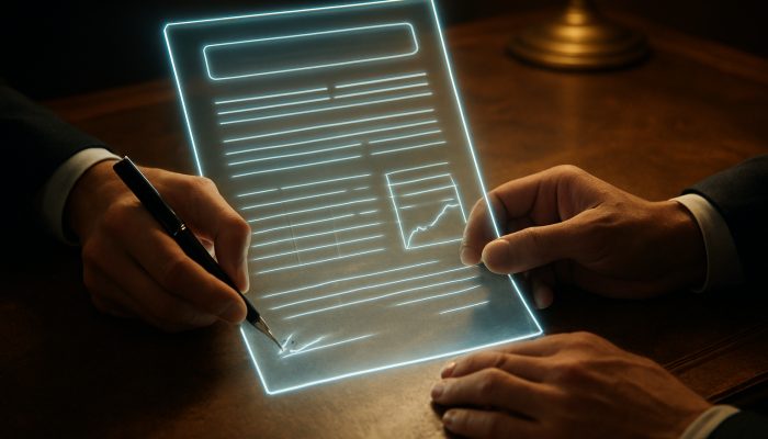 recording agreements about old debts: Key Legal Guidance | DCL Hands signing glowing transparent contract on antique desk with floating interest rates, symbolizing UK debt transparency laws.