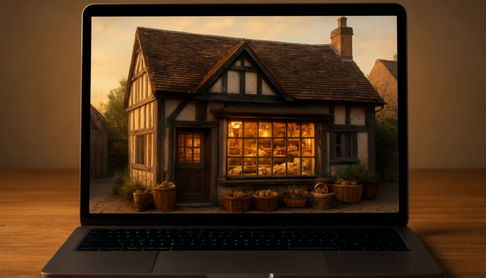 Laptop displaying quaint Shaftesbury cottage shopfront as charming small business online store with rustic beams.