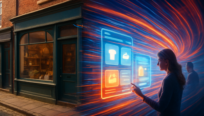 Shaftesbury shopfront morphing into fast website with customers browsing on glowing screens