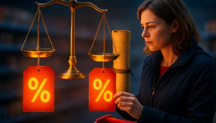comparing new offers with past mistakes: Valuable Lessons | DCL British shopper comparing glowing offers under scales of justice and UK legal scrolls for compliance