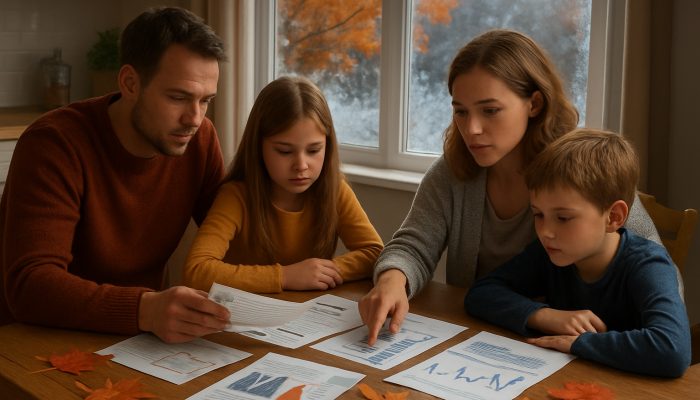 Reviewing Your Plan As Prices Change: Essential Steps | DCL British family reviewing energy bills and price charts at kitchen table with seasonal views outside.