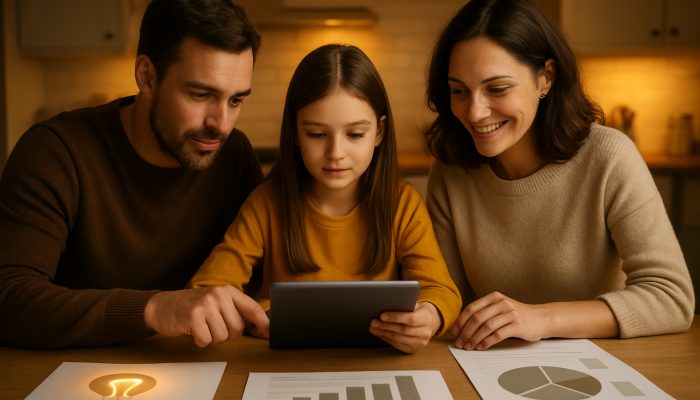 Reviewing Your Plan As Prices Change: Essential Steps | DCL Family reviewing energy bills on tablet at kitchen table amid income charts for financial control
