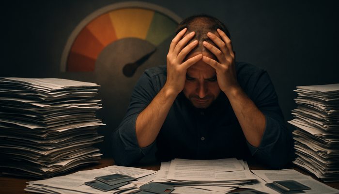 Checklist Before You Merge Any Debts: Key Points To Review | DCL Overwhelmed person reviewing missed payments amid stacks of credit card and loan papers with fading credit score