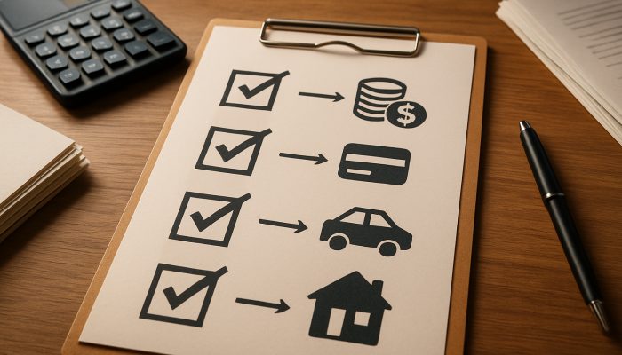 Checklist Before You Merge Any Debts: Key Points To Review | DCL Wooden desk checklist for merging debts with icons, calculator, and papers