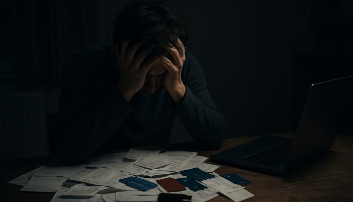 How Missed Payments Affect New Loan Chances: UK Consequences | DCL Stressed person overwhelmed by unpaid bills and credit cards in a poorly lit UK flat