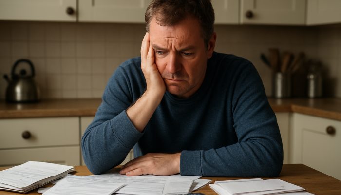 Anxious British resident at cluttered table with council tax bills and support letters