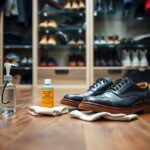 A pair of black leather dress shoes rests on white cloths on a wooden floor. Nearby are a bottle of cleaning solution and a cloth, hinting at the necessary care routine. The background shows shelves with various shoes in a closet, emphasizing when not to condition new leather footwear.