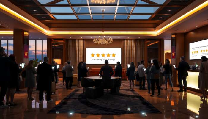 Luxurious hotel lobby at dusk, guests examining five-star ratings and positive reviews on smartphones, illustrating the impact of ratings on travel choices.