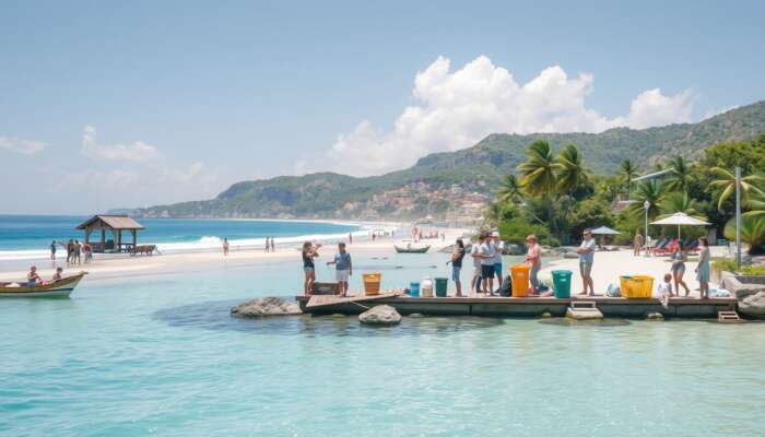 Tourists sorting waste into eco-friendly bins, observing wildlife from a distance, and utilizing renewable energy at pristine coastal beaches with clear blue waters.