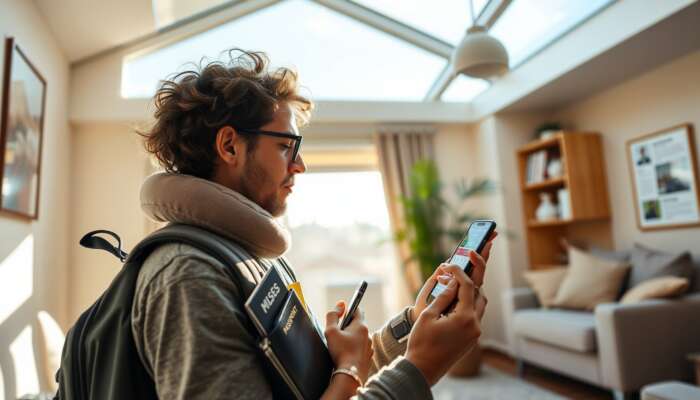 A traveler in a sunlit room packs a backpack with essential items such as passports, snacks, a neck pillow, and tech gadgets while checking a bus schedule on a smartphone.