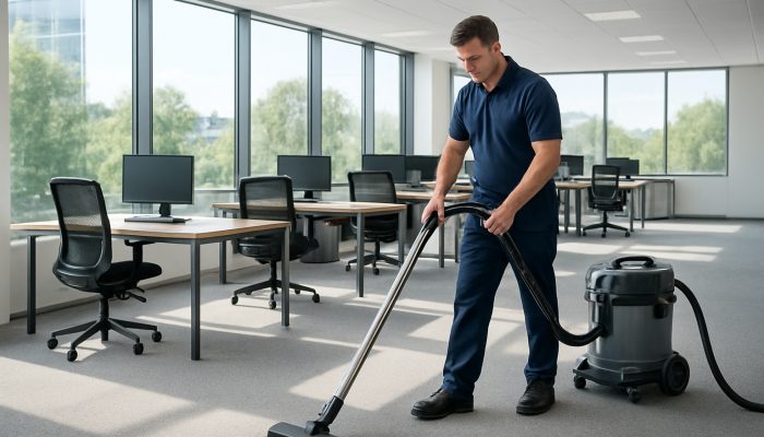 Professional cleaner vacuuming a sleek modern office in Somerton with gleaming windows and natural light