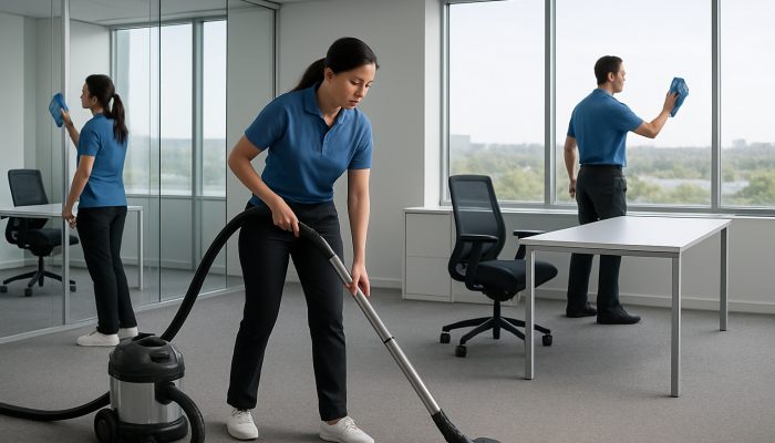 Professional cleaning crew vacuuming and dusting in an elegant Somerton office with deep carpet cleaning.