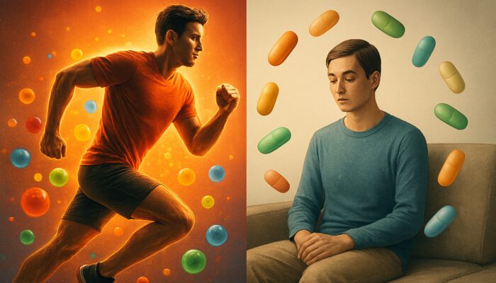 Split illustration of energetic athlete with antioxidant multivitamins beside calm sedentary figure with nutrient capsules.