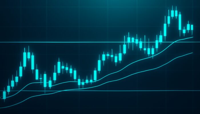 Financial chart with flat moving averages in sideways market, candlesticks between support and resistance.
