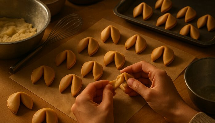 Hands shaping golden homemade fortune cookies with custom messages amid baking tools on cozy counter