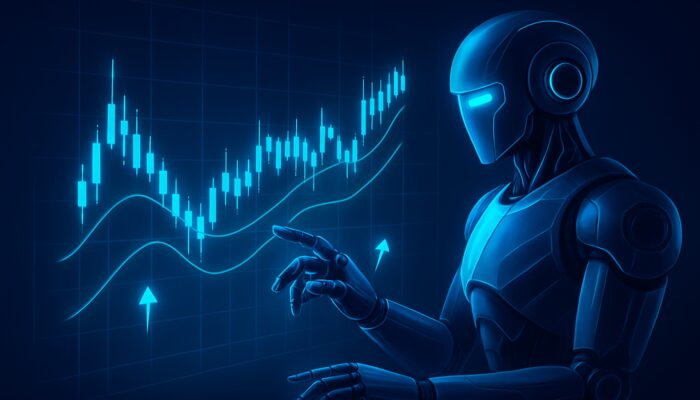 Futuristic holographic trading interface with Bollinger Bands, moving average, and robotic bot executing mean reversion trades.
