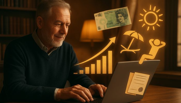 Deciding A Percentage For Fun And For Debt: Budget Tips | DCL UK investor analyses positive dividend charts on laptop, surrounded by floating pounds and cleared debt receipts