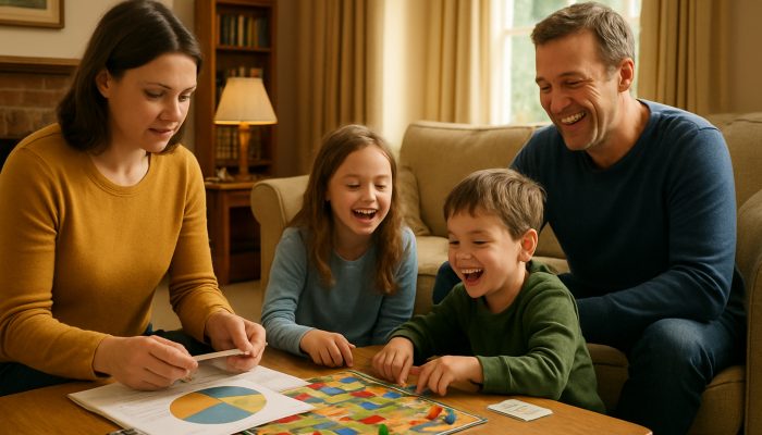 Deciding A Percentage For Fun And For Debt: Budget Tips | DCL UK family enjoying board games while reviewing credit card statements and budget pie chart