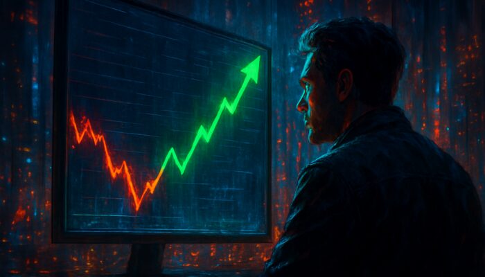 Trader watches plunging stock chart rebound sharply with green arrows in cyberpunk city