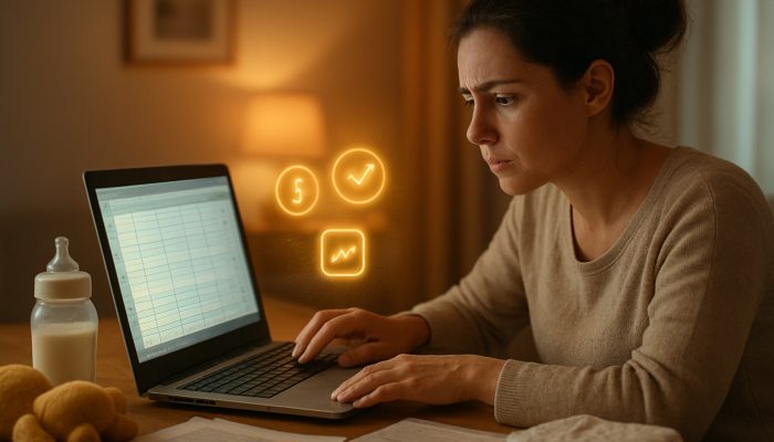 Adjusting Payments While On Statutory Pay: Expert Tips | DCL Parent reviewing financial spreadsheets on laptop amid baby essentials and benefit letters at home desk.
