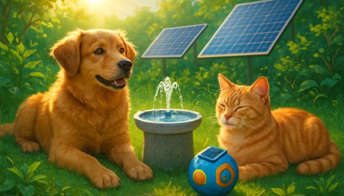 Dog and cat lounging with solar-powered pet gadgets in sunny eco-garden with solar panels.