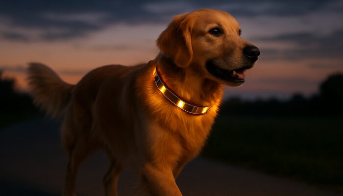 Golden retriever at dusk wearing glowing solar-powered LED collar with solar panels for visibility.