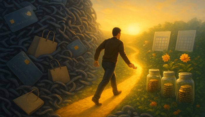 Building New Habits To Avoid Relapse Spending | DCL Person forging golden path from credit card chains to savings garden, building spending habits at sunrise.