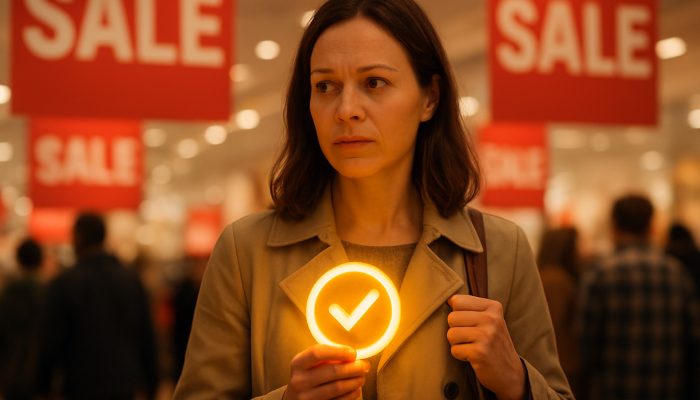 Building New Habits To Avoid Relapse Spending | DCL British shopper pauses in bustling store clutching glowing mindful spending reward amid urgency sale signs.