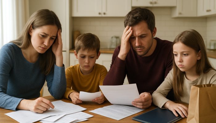 Keeping Priority Bills Ahead Of Any New Loan: UK Tips | DCL Stressed UK family sorting essential bills and council tax from luxury menus at kitchen table