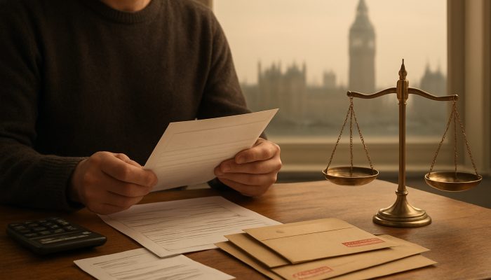 Keeping Priority Bills Ahead Of Any New Loan: UK Tips | DCL British person sorting priority bills ahead of loans at desk with London skyline and scales