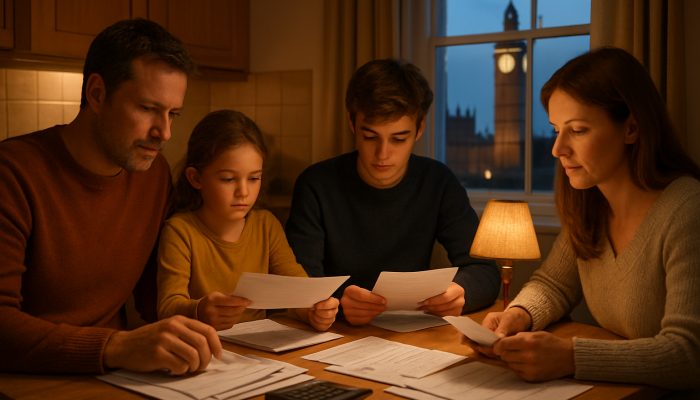 Keeping Priority Bills Ahead Of Any New Loan: UK Tips | DCL British family sorting priority bills at kitchen table with Big Ben view