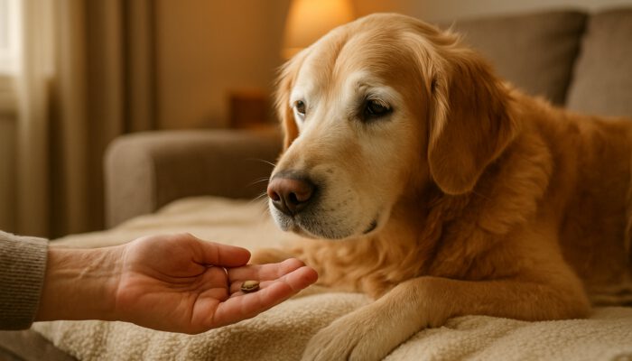 Elderly golden retriever receiving a treat from owner on a cosy blanket in a warm home setting.