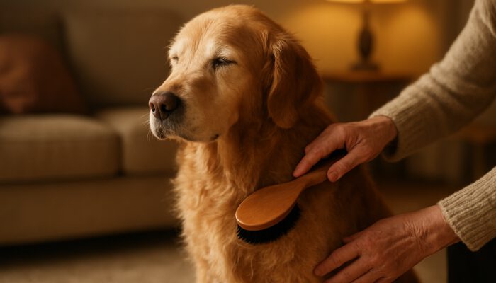 Elderly golden retriever with dry patchy fur gently brushed by owner in a cosy home