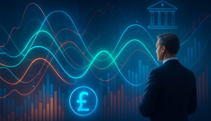 Using Cash FLOW Tools Before More Borrowing: Key Strategies | DCL Futuristic cash flow graphs guiding UK business leader on seasonal loan decisions under regulatory oversight