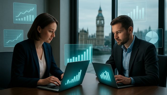 Using Cash FLOW Tools Before More Borrowing: Key Strategies | DCL British SME owners analysing cash flow dashboards on laptops in sleek London office with UK landmarks.