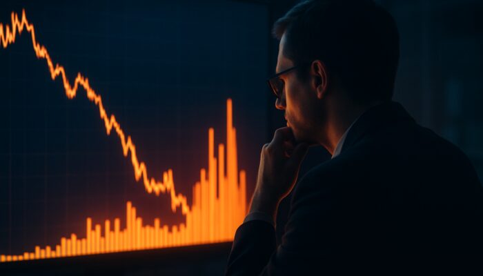 Trader analyzing glowing charts with surging volume bars and flat prices in dim office.
