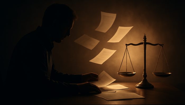 Solitary figure sorting house deeds, pensions and debts beside glowing equity-liability scale.
