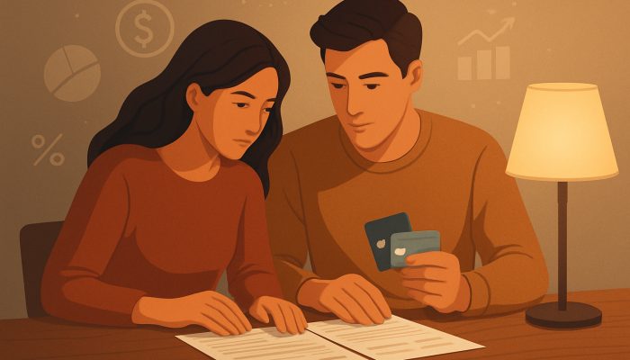 Couple reviewing joint bank statements and shared credit cards in flat illustration