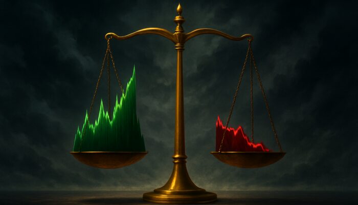 Trading chart illustrating green profit peaks and red drawdown valleys balanced on a golden scale