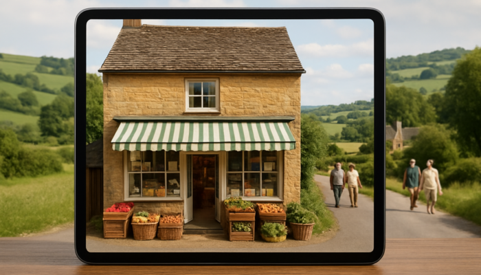 Bampton shopfront blending with tablet showing accessible local products website in rural Oxfordshire