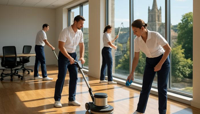 Professional cleaners polishing spotless floors and windows in a sunny Crewkerne commercial office.