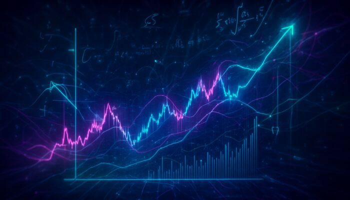 Futuristic holographic crypto trading interface with neon statistical arbitrage charts and glowing algorithms.