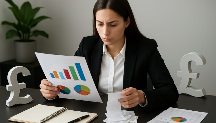 Showing Stable Behaviour To Lenders: Proven Strategies | DCL Young professional reviewing income-expense charts with British pound symbols at sleek desk